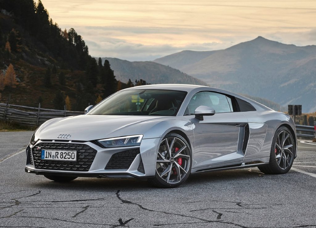A gray 2021 Audi R8 V10 RWD on a mountain road