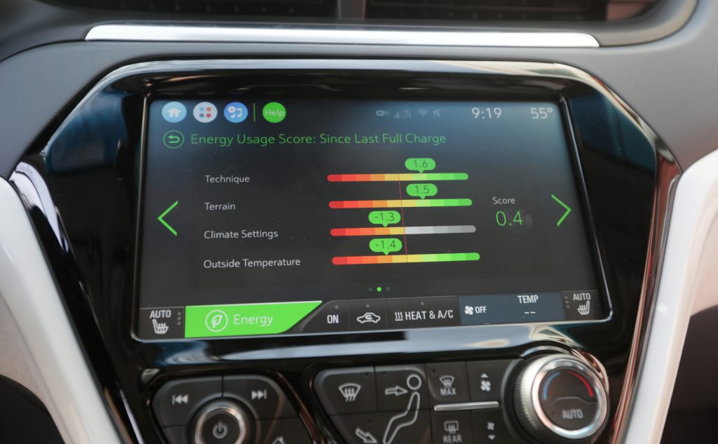 The Chevy Bolt's infotainment screen showing battery usage