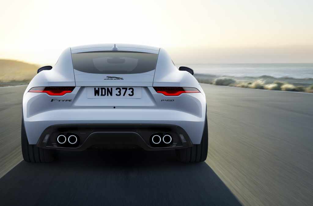 The rear of a silver 2022 Jaguar F-Type