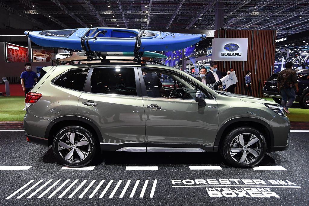 A sage-green 2021 Subaru Forester on display at Auto Shanghai 2021 in China